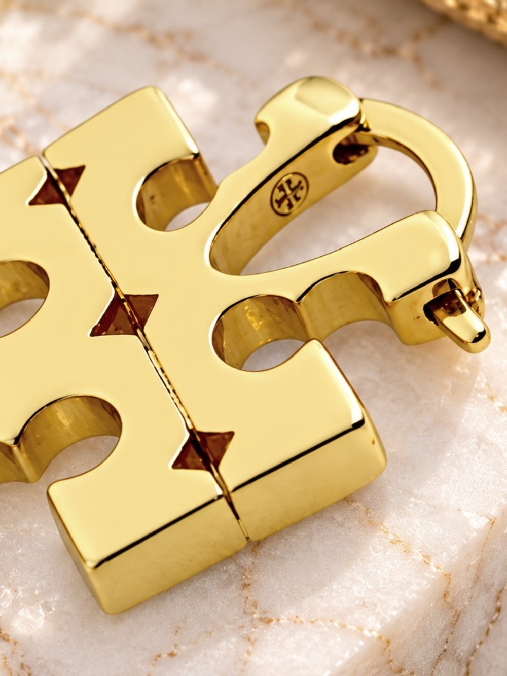 Tory Burch Gold Tone Double T Logo Huggie Hoop Earrings - Picture 5 of 6